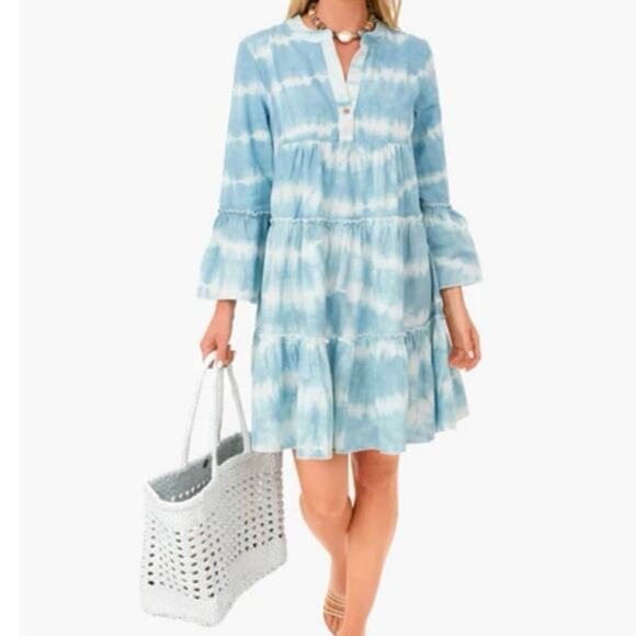 Faherty Faded Blue Vida Shibori Tie Dye Tiered Organic Cotton Dress XS - Picture 1 of 9